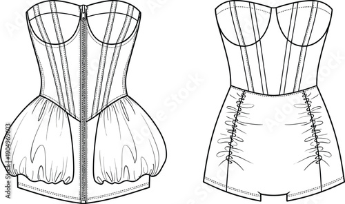 Women Corset Style Bodice Technical Flat Fashion Sketch Vector Illustration with Zipper Front and Ruched High Waisted Bottoms CAD Drawing