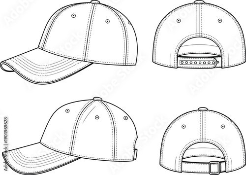 Baseball Cap Technical Flat Fashion Sketch Vector Illustration with Snapback and Metal Buckle Closure Front and Back View CAD Drawing
