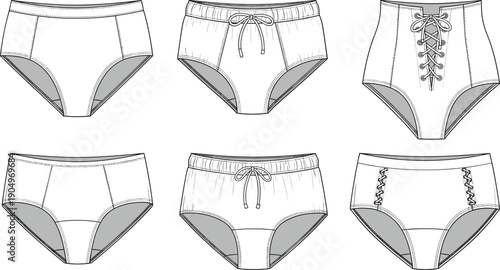 Set of Women High Waisted Underwear and Swim Bottoms Technical Flat Fashion Sketch Vector Illustration with Lace Up Detail CAD Drawing