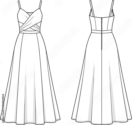 Elegant Women Crossover Bodice Maxi Dress Technical Flat Fashion Sketch Vector Illustration with Spaghetti Straps and Zipper Back CAD Drawing