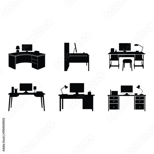 Six different desks with computers and office equipment in silhouette isolated on white background, Vector