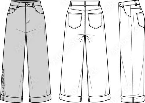 High Waisted Wide Leg Denim Jeans Technical Flat Fashion Sketch Vector Illustration with Cuffed Hem Front Back and Side View