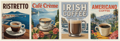 Four-panel vintage-style poster set showcasing coffee varieties: Ristretto in Naples, Café Crème with Mediterranean coast, Irish Coffee by stormy ocean, and Americano on tropical beach, each with scen