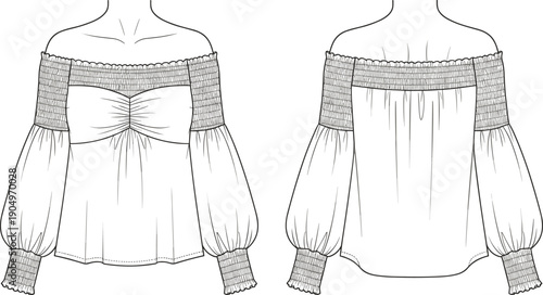 Women Off the Shoulder Smocked Blouse Technical Flat Fashion Sketch Vector Illustration with Puff Sleeves Front and Back View CAD Drawing