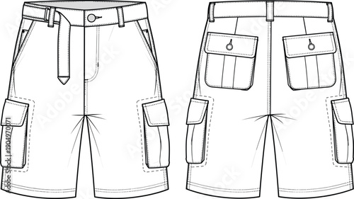 Men Cargo Shorts Technical Flat Fashion Sketch Vector Illustration with Flap Pockets Belt Loops Front and Back View CAD Drawing