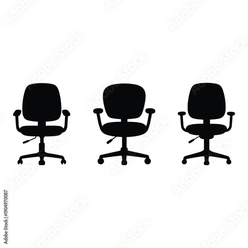 Three office chairs with armrests and wheels in a row against a white background. isolated on white background, Vector