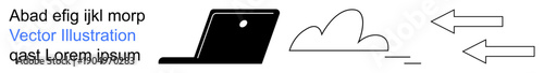 Data connection, cloud computing, file transfer, technology, digital communication, remote access. Black laptop, cloud icon and two arrows pointing right. Data connection and cloud computing concept