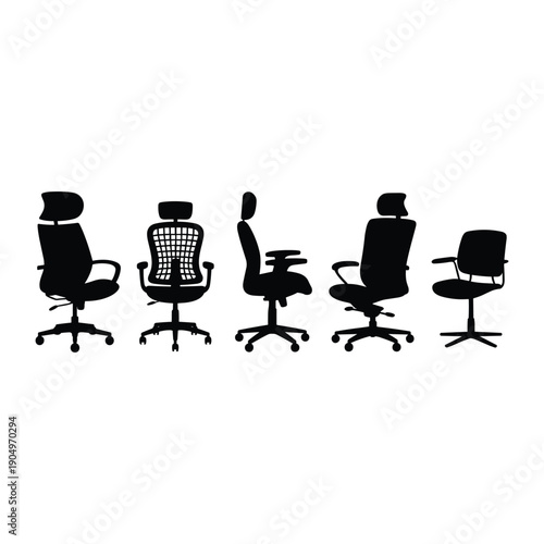 A variety of office chairs displayed in a row, showcasing different designs and styles. isolated on white background, Vector