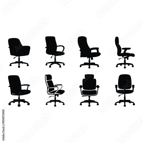 A collection of various office chairs showcasing different designs and styles isolated on white background, Vector