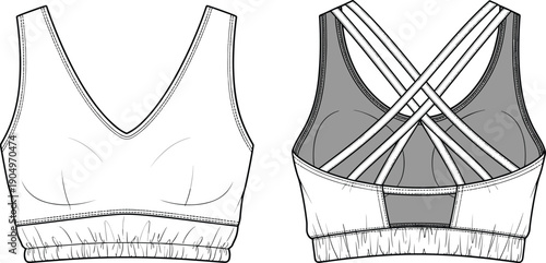 Women Strappy Back Sports Bra Technical Flat Sketch, V Neck Activewear Bralette CAD Drawing, Athletic Yoga Top Fashion Vector Illustration Template