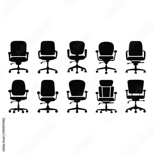 Variety of office chairs with different designs and features isolated on white background, Vector