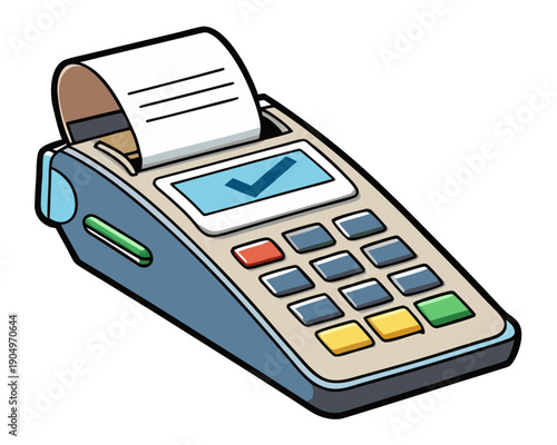 A digital illustration of a payment terminal with a receipt printing on a clean white surface viewed from directly above