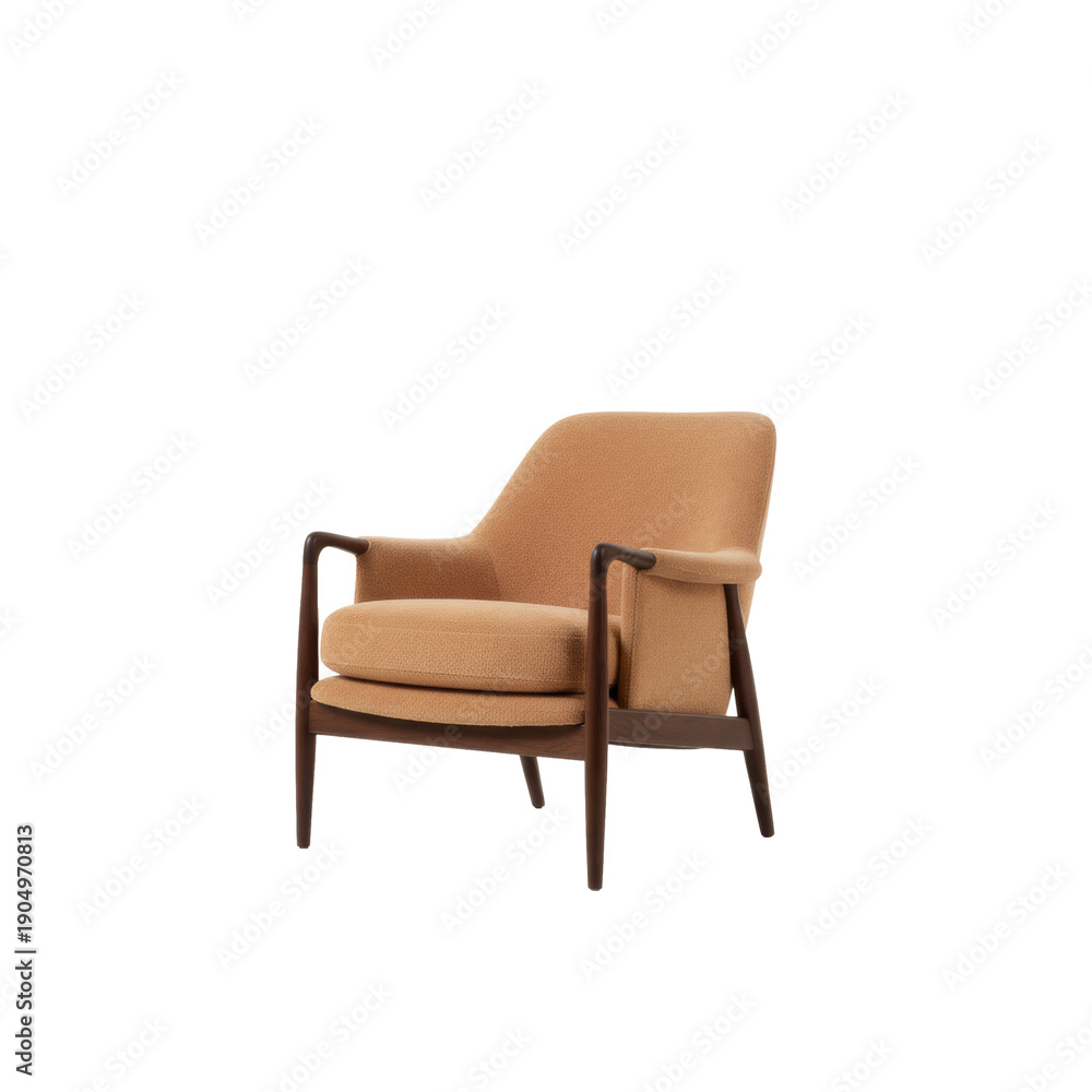Fototapeta premium mid-century modern armchair upholstered in textured light beige boucle fabric with a tapered dark walnut frame, displayed in a pristine studio setting, luxury design craftsmanship display