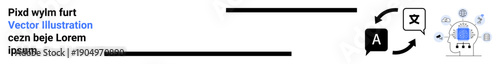 Language translation, AI chatbot, communication tools, multilingual content, digital workflow, online learning. Arrows connecting modern icons for language translation process. Language translation