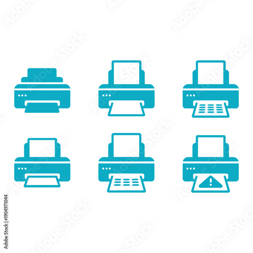 A collection of various types of printers and their functions isolated on white background, Vector