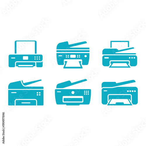 A collection of various printers and multifunctional devices in a blue color scheme isolated on white background, Vector