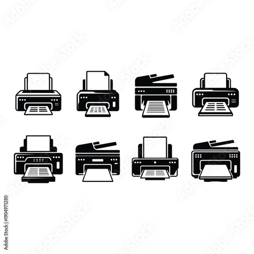 A collection of various printer models and types in a single image isolated on white background, Vector