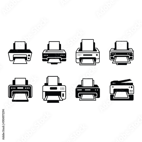 A collection of eight different types of printers illustrated in black and white isolated on white background, Vector