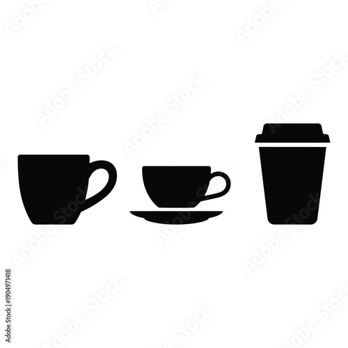 A variety of coffee vessels including a mug, a cup with saucer, and a to-go cup isolated on white background, Vector