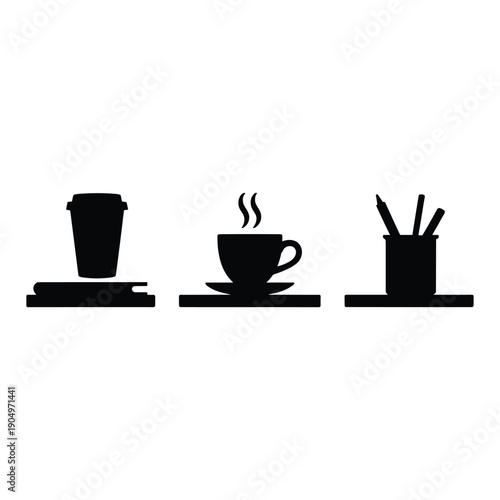 A black and white illustration of a coffee cup, a coffee pot, and a container of coffee stirrers. isolated on white background, Vector