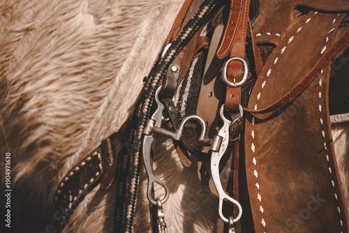 Fényképezés close up of leather western saddle with horse bridle handing over saddle horn