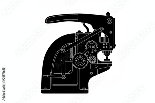 Vintage Industrial Machinery: A detailed black and white illustration of an old-fashioned industrial machine showcases the intricate gears, levers, and overall design of a bygone era.