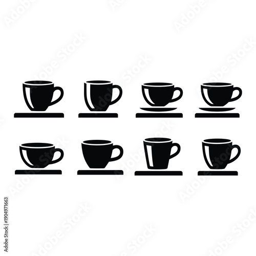 Eight black and white coffee cups arranged in two neat rows on saucers. isolated on white background, Vector