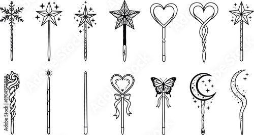 Large Set of Black and White Vector Illustrations of Magic Wands Fairy Scepters and Wizard Staffs for Fantasy Graphic Design