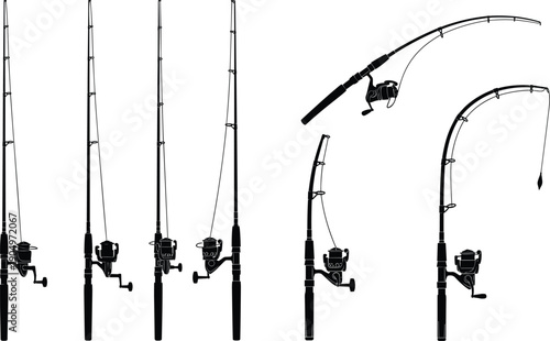 Large Set of Black Silhouette Vector Illustrations of Fishing Rods and Spinning Reels for Outdoor Sport Fishing and Angling Graphic Design