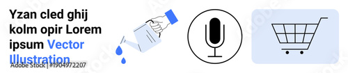 Symbols for consumer goods, audio communication, e-commerce, sustainability, technology design, digital services. Hand pouring water, microphone shopping cart icon. Consumer goods and digital