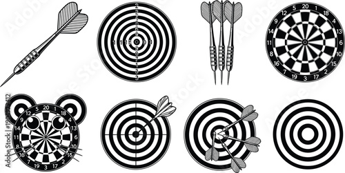 Large Set of Black and White Vector Illustrations of Dartboards Darts Targets and Bullseye Symbols for Games Sports and Success Graphic Design
