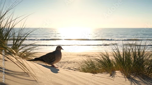 A Morning Dove standing on a sandy beach with tall grasses, looking out at the ocean during sunrise. Perfect for nature, wildlife, and travel presentations.