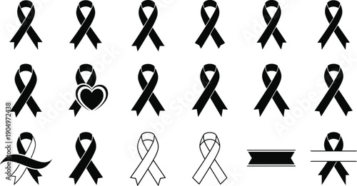 Large Set of Black and White Awareness Ribbon Vector Illustrations for Charity Support Medical Health Campaigns and Memorial Events Design