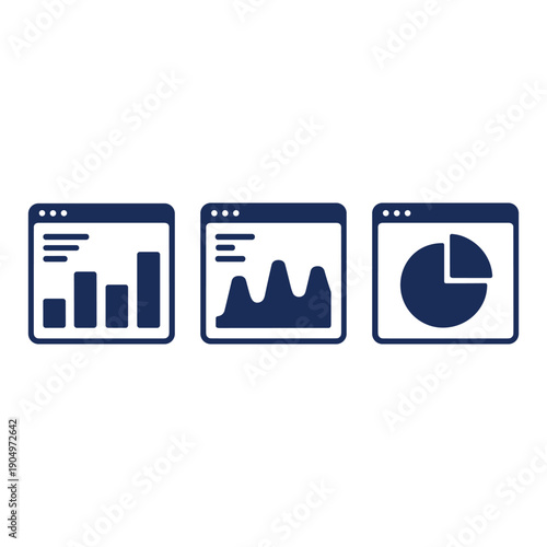 Three distinct types of data visualization charts in blue and white isolated on white background, Vector