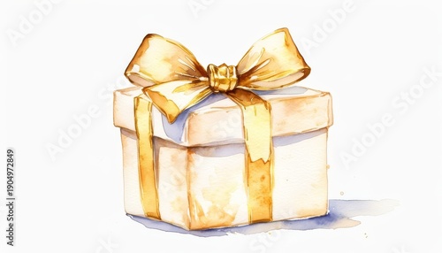 Single watercolor gift with gold bow, soft shadows