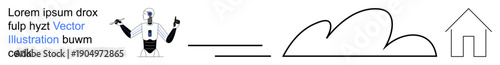 Artificial intelligence, smart home, communication, technology, simplicity, minimalism. A robot pointing to text, a cloud and a house sketch. Artificial intelligence and smart home technology
