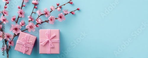 Two pink gift boxes with string sit beside cherry blossoms on light blue, flat lay with negative space. Soft lighting shows textures. Evokes gentle celebration or spring gifting. product pho