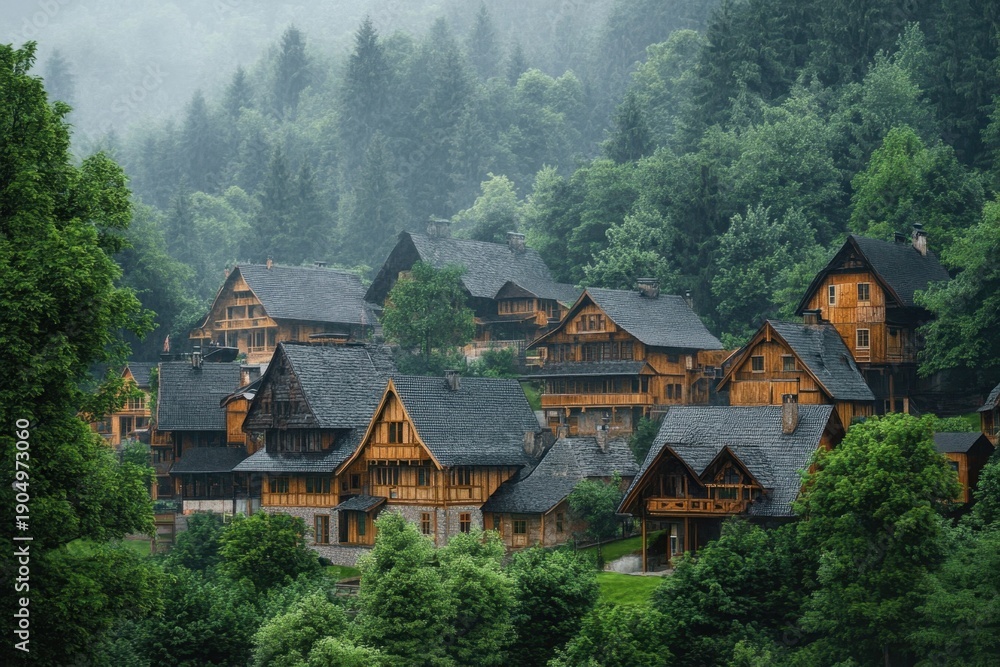 Fototapeta premium Charming wooden houses nestled in a misty forest landscape