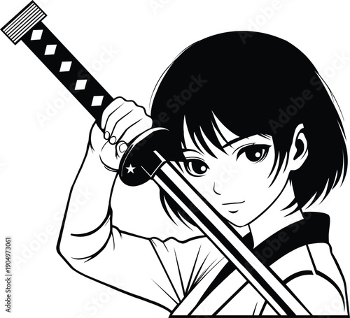 Anime style illustration of a serious young woman with short hair holding a traditional japanese katana sword in a focused portrait