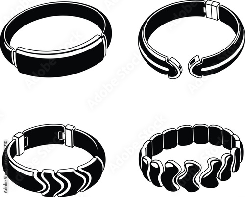 Black and white jewelry icon set featuring various bracelet designs including solid cuff bands, open bangles and creative linked wristbands