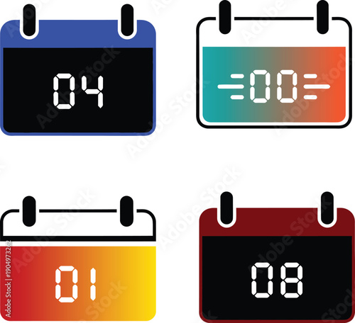 Digital calendar icon set with colorful gradient displays featuring numeric date indicators for scheduling and time management planning