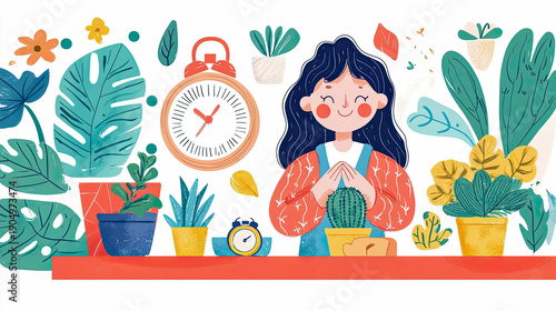 Joyful girl surrounded by lush green houseplants and decorative clocks, conveying sense of peaceful domesticity and nature appreciation.