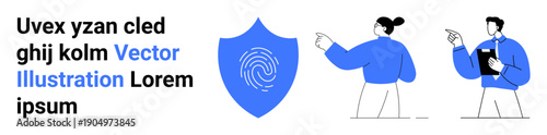 Cybersecurity, data protection, identity verification, teamwork, technology discussions, online authentication. Blue shield with fingerprint, two professionals pointing at it. Cybersecurity and data