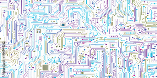 Abstract semiconductor pattern with glowing electronic pathways and microchip elements on dark blue technological surface, ideal for banners. Digital technology vector background.