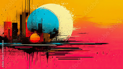 Dynamic Abstract Urban Panorama: vibrant cityscape with striking architectural silhouettes, bold color splashes, distressed grunge textures, and dramatic sun or moon, evoking futuristic aesthetic.