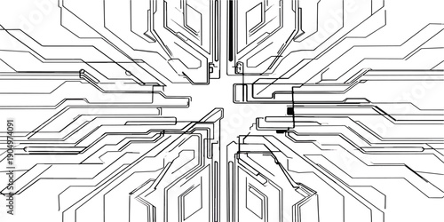 An abstract circuit board pattern integrates architectural blueprints and engineering technology to create a 3D concept drawing of a modern urban structure project