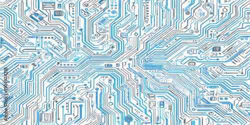 Abstract AI circuit board background. Technology connected blue lines with electronics elements on tech bg. Computer motherboard with a chip, processor, and semiconductor. Digital vector illustration