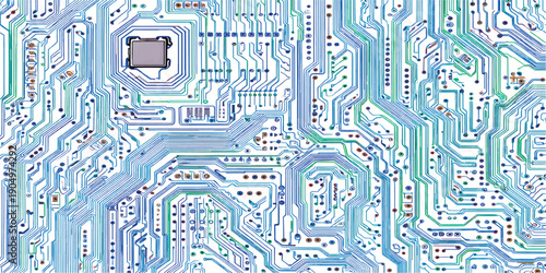 Glowing sci-fi portal with circuit board traces spreading across futuristic tech transparent background. Neon blue circular frame, digital HUD elements and cyber interface design. Vector illustration