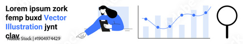 Data analysis, business growth, research insights, statistics, market trends, problem-solving. Woman pointing to data, line graph and magnify icon. Data analysis and business growth visual theme