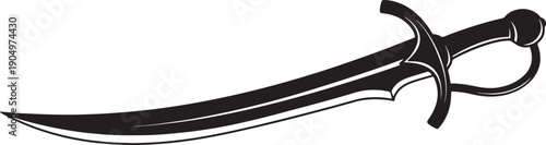 Black curved scimitar sword with ornate hilt and blade details on white background also transparent background